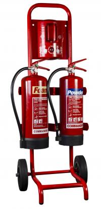 fire extinguisher trolley with fire extinguishers on white background
