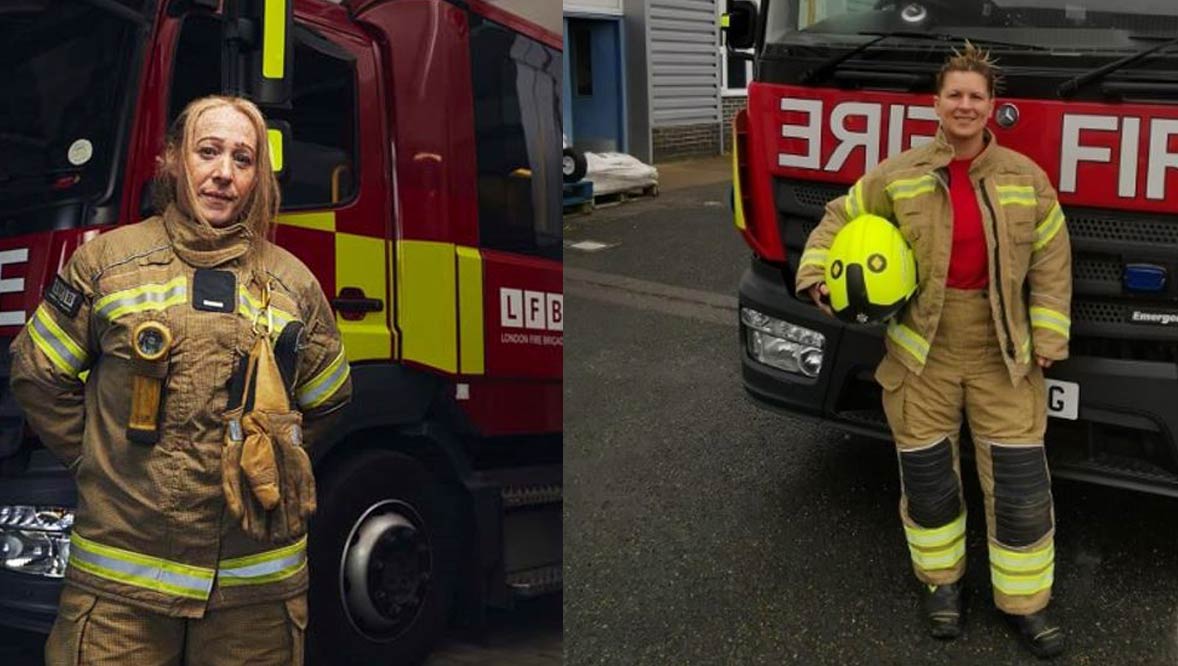collage of two female firefighters in uniform infront of fire trucks